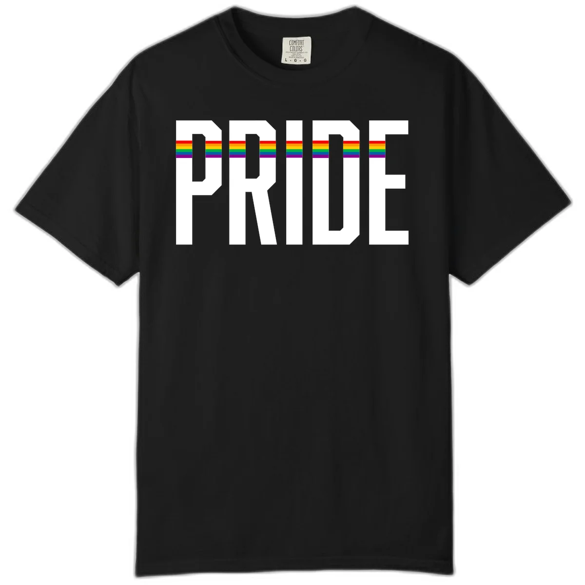 The word PRIDE in large 3D gray block letters with horizontal rainbow pride flag stripes running through the center of each letter against a white background. in Black
