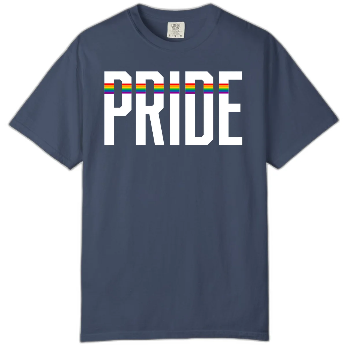 The word PRIDE in large 3D gray block letters with horizontal rainbow pride flag stripes running through the center of each letter against a white background. in Midnight
