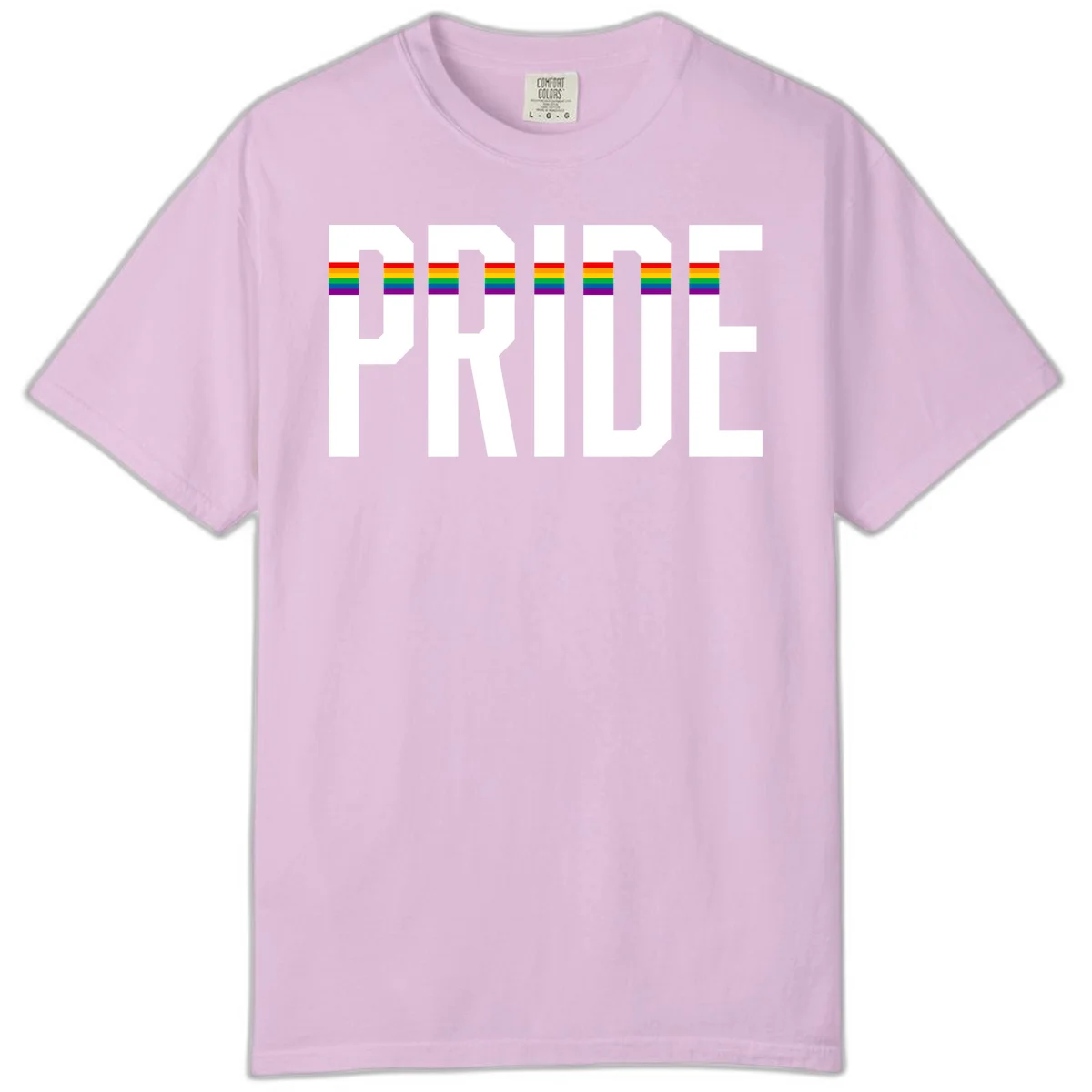 The word PRIDE in large 3D gray block letters with horizontal rainbow pride flag stripes running through the center of each letter against a white background. in Orchid