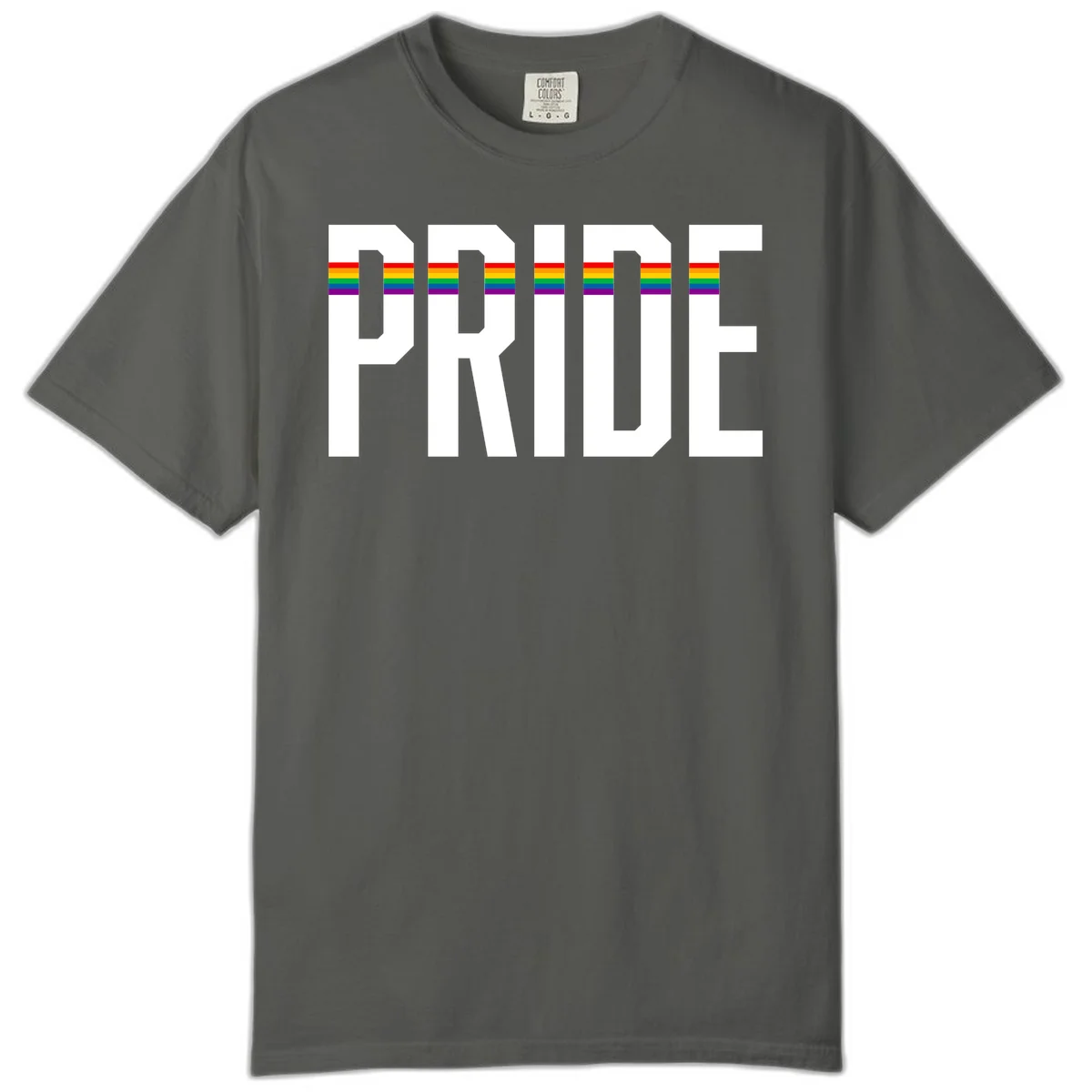 The word PRIDE in large 3D gray block letters with horizontal rainbow pride flag stripes running through the center of each letter against a white background. in Pepper