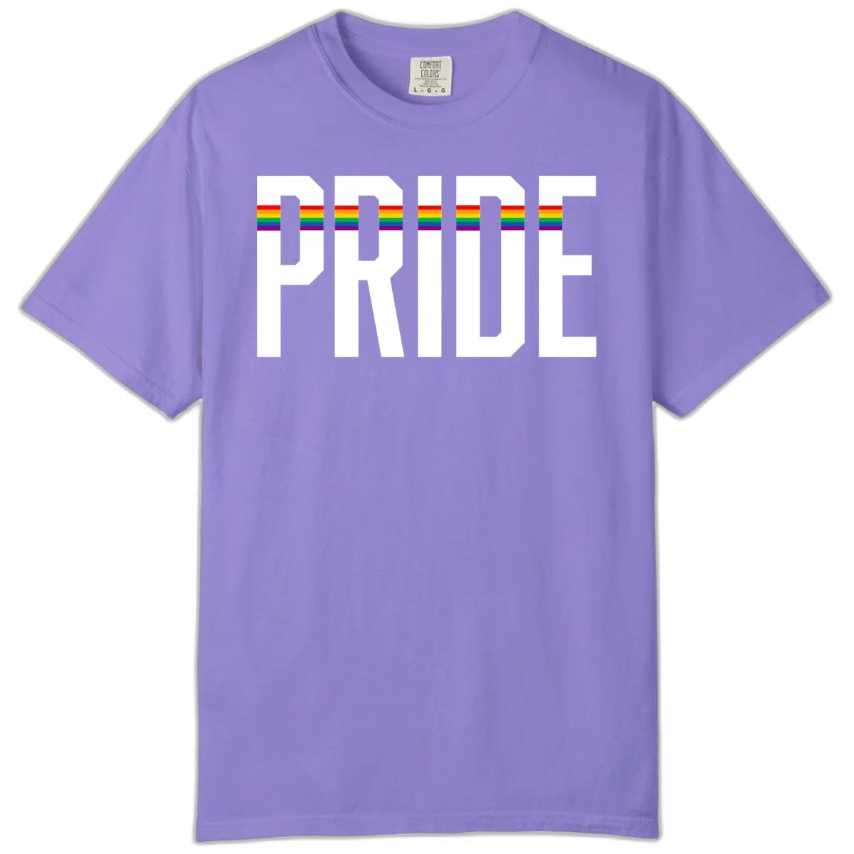 The word PRIDE in large 3D gray block letters with horizontal rainbow pride flag stripes running through the center of each letter against a white background. in Violet