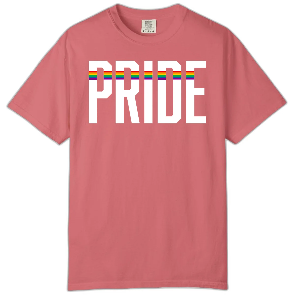 The word PRIDE in large 3D gray block letters with horizontal rainbow pride flag stripes running through the center of each letter against a white background. in Watermelon