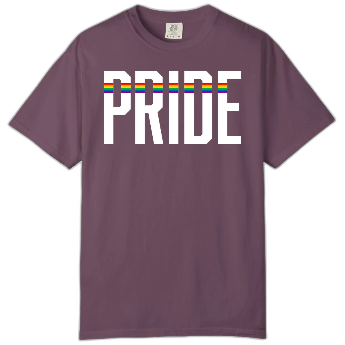 The word PRIDE in large 3D gray block letters with horizontal rainbow pride flag stripes running through the center of each letter against a white background. in Berry