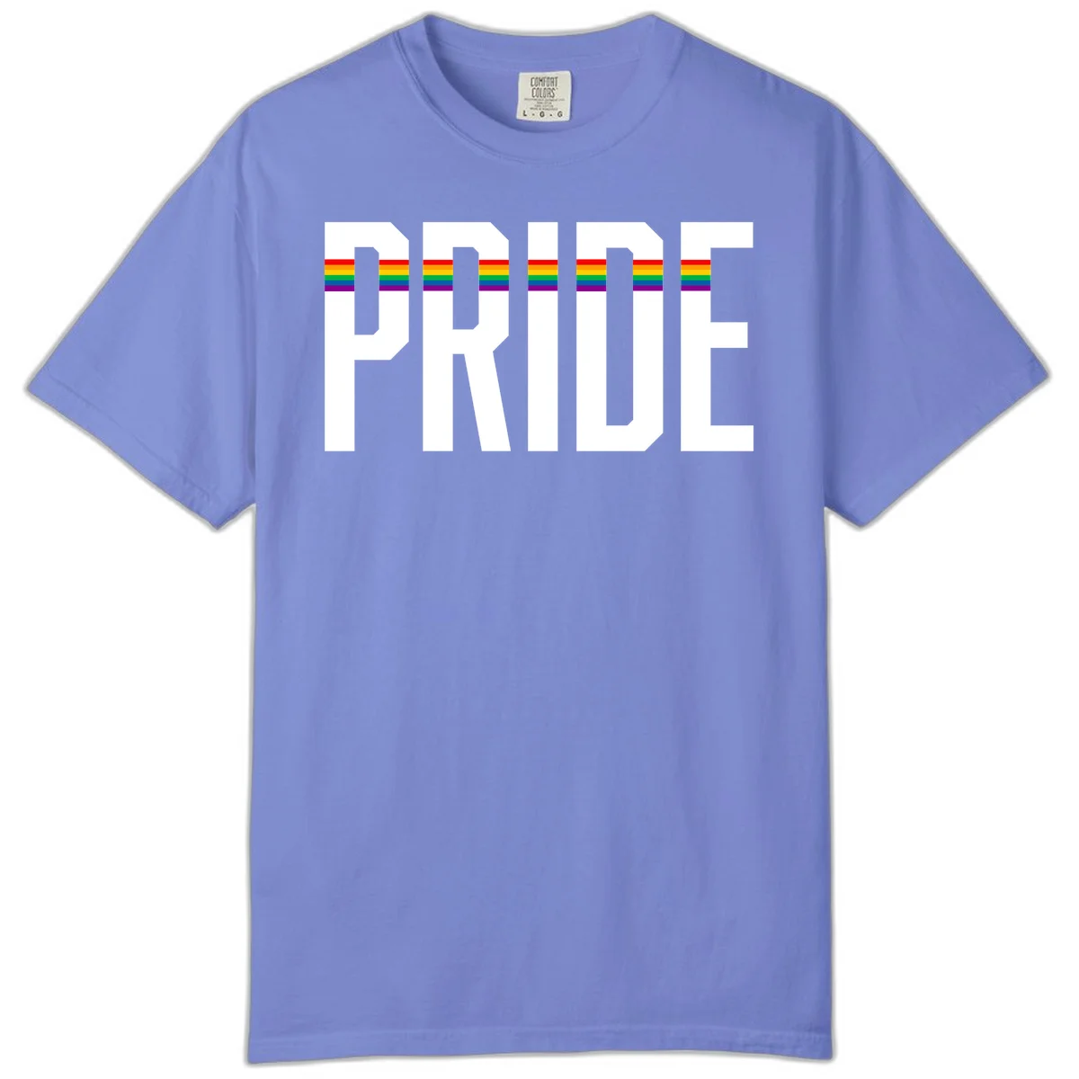 The word PRIDE in large 3D gray block letters with horizontal rainbow pride flag stripes running through the center of each letter against a white background. in Flo Blue