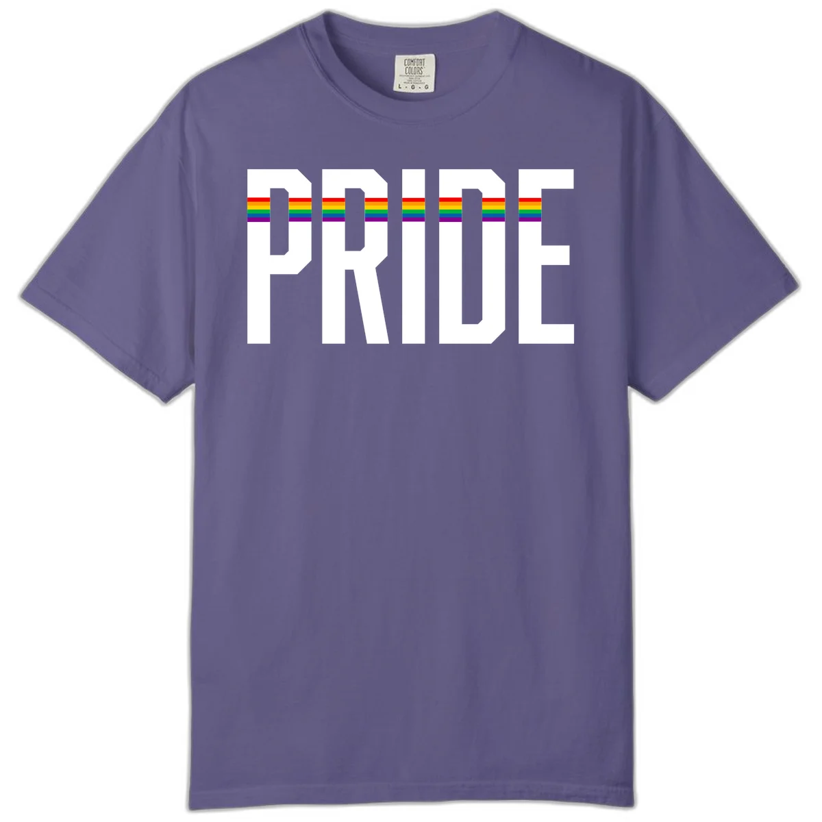The word PRIDE in large 3D gray block letters with horizontal rainbow pride flag stripes running through the center of each letter against a white background. in Grape