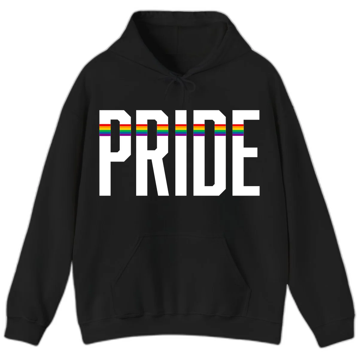 The word PRIDE in large 3D gray block letters with horizontal rainbow pride flag stripes running through the center of each letter against a white background. in Black
