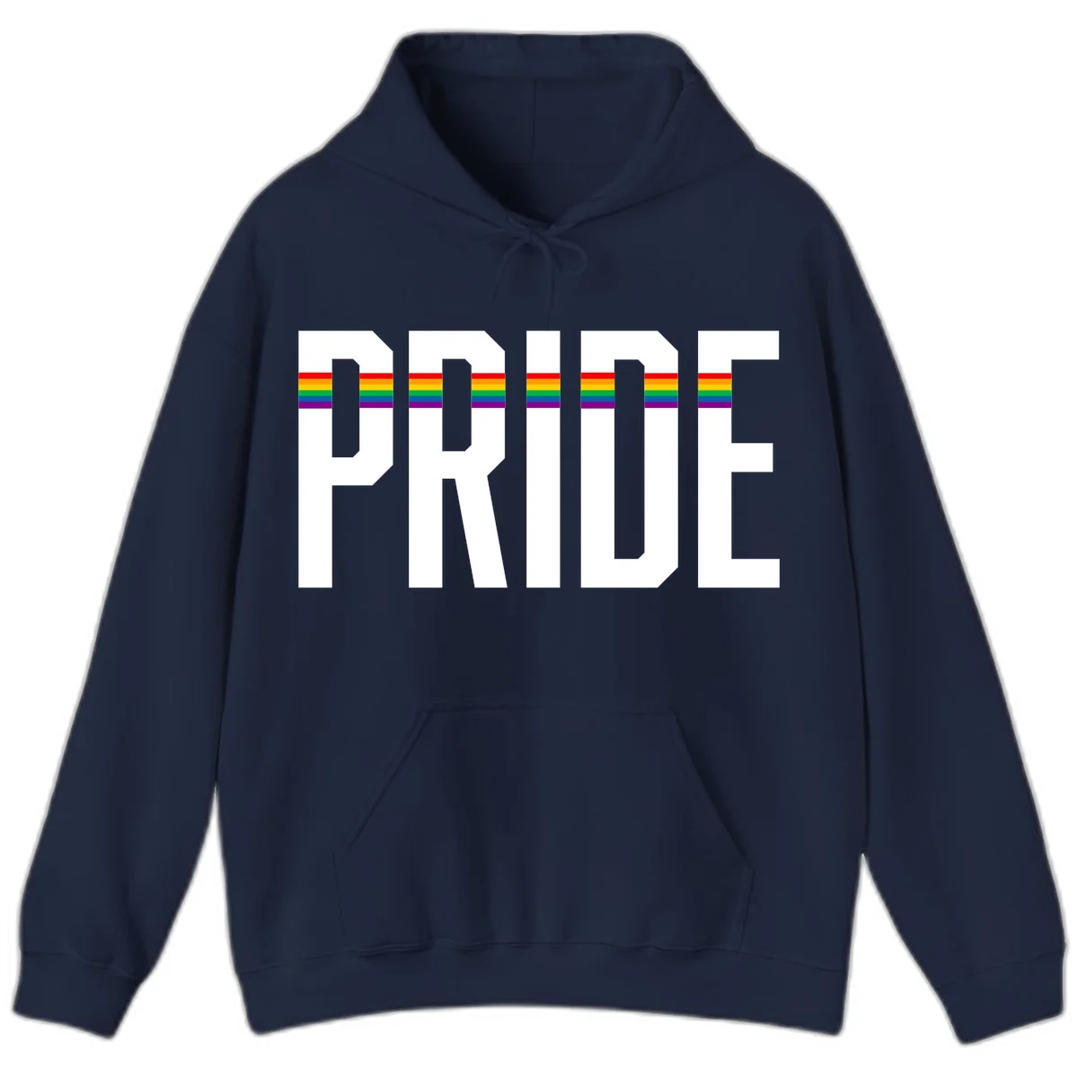 The word PRIDE in large 3D gray block letters with horizontal rainbow pride flag stripes running through the center of each letter against a white background. in Navy