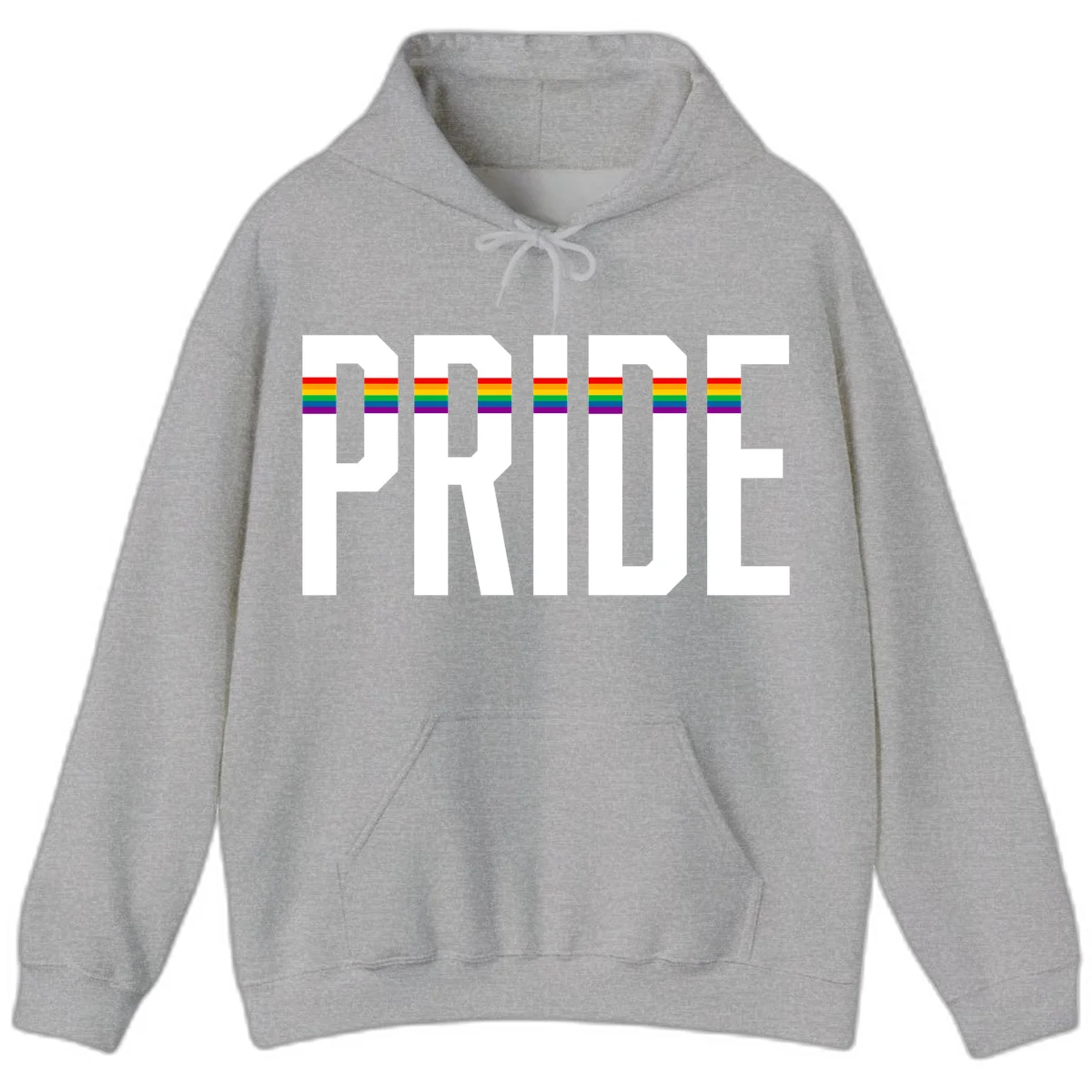 The word PRIDE in large 3D gray block letters with horizontal rainbow pride flag stripes running through the center of each letter against a white background. in Sport Grey
