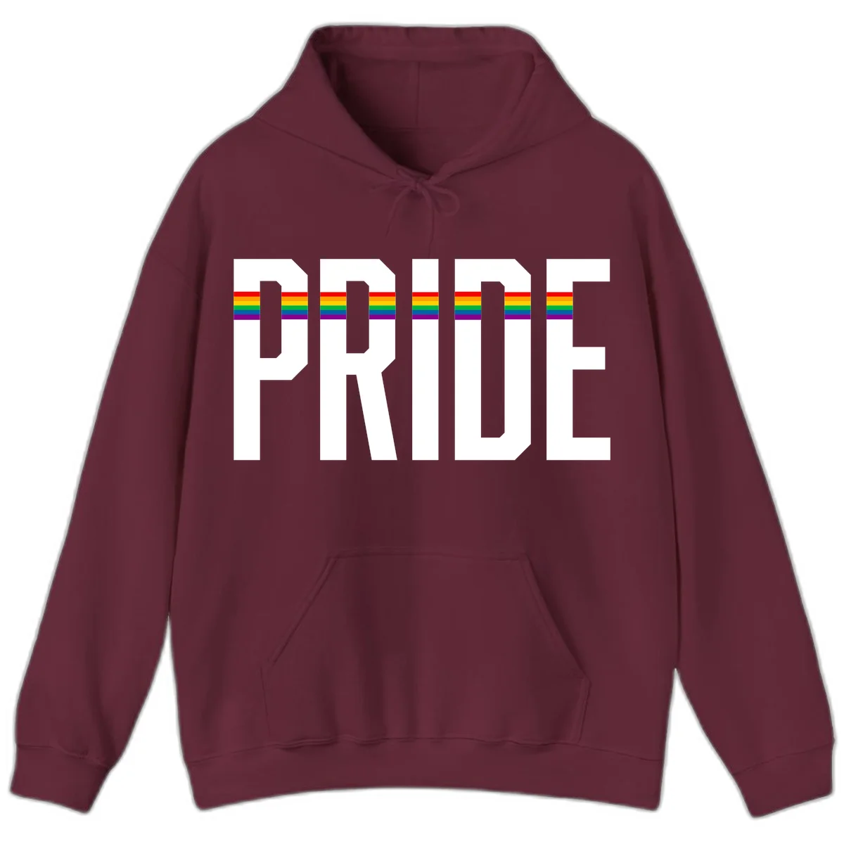 The word PRIDE in large 3D gray block letters with horizontal rainbow pride flag stripes running through the center of each letter against a white background. in Maroon