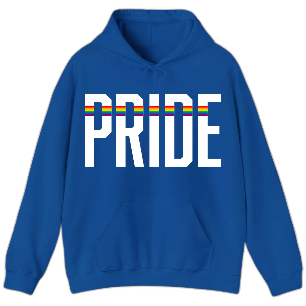 The word PRIDE in large 3D gray block letters with horizontal rainbow pride flag stripes running through the center of each letter against a white background. in Royal