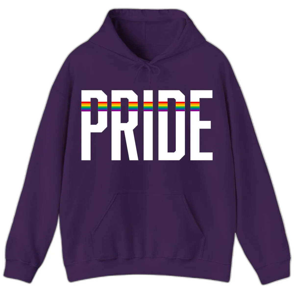 The word PRIDE in large 3D gray block letters with horizontal rainbow pride flag stripes running through the center of each letter against a white background. in Purple