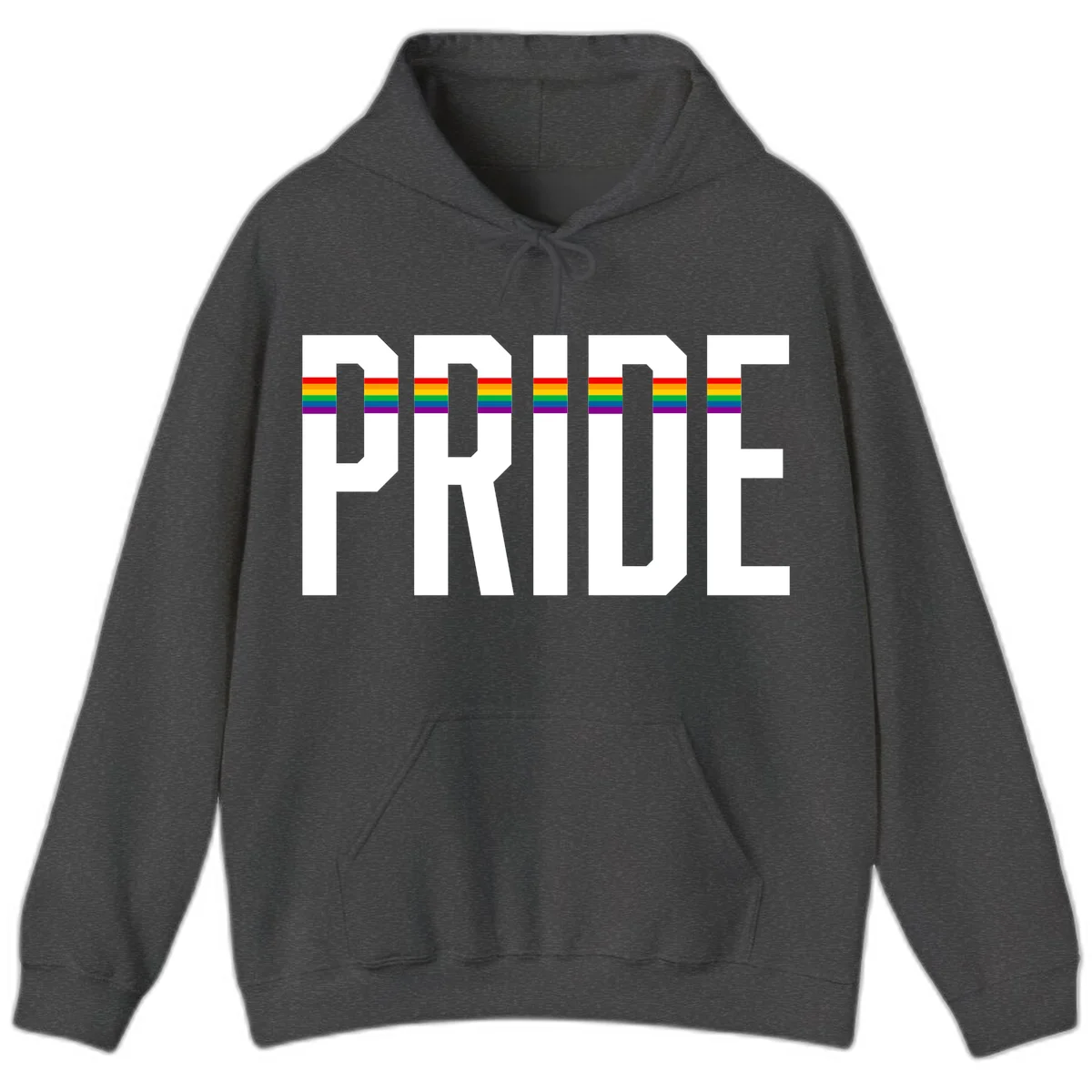 The word PRIDE in large 3D gray block letters with horizontal rainbow pride flag stripes running through the center of each letter against a white background. in Dark Heather