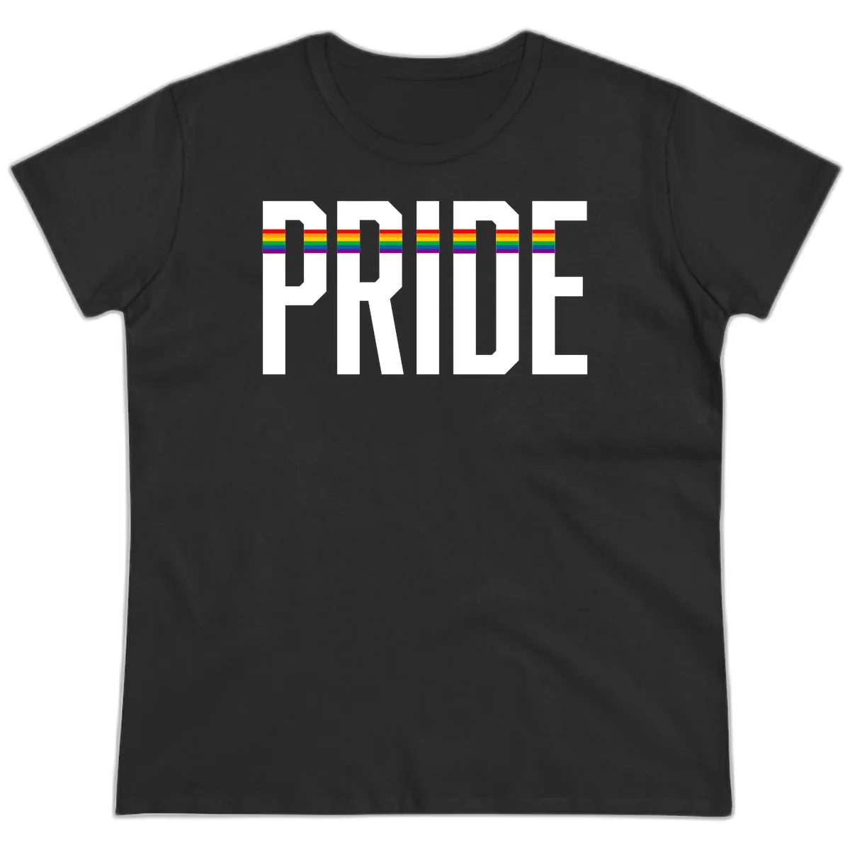 The word PRIDE in large 3D gray block letters with horizontal rainbow pride flag stripes running through the center of each letter against a white background. in Black