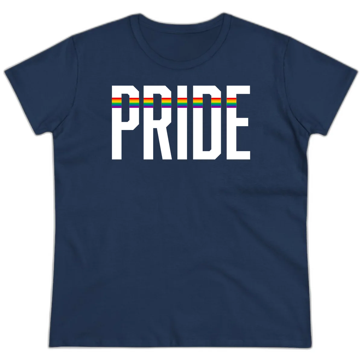The word PRIDE in large 3D gray block letters with horizontal rainbow pride flag stripes running through the center of each letter against a white background. in Navy