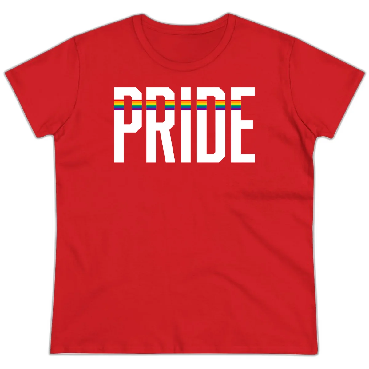 The word PRIDE in large 3D gray block letters with horizontal rainbow pride flag stripes running through the center of each letter against a white background. in Red