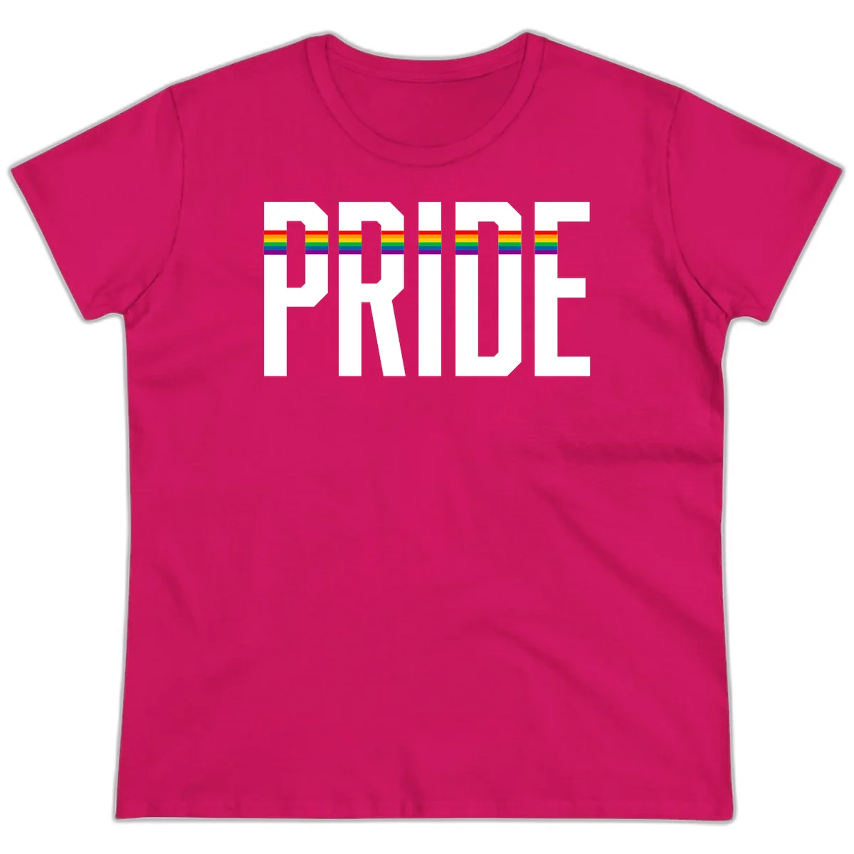 The word PRIDE in large 3D gray block letters with horizontal rainbow pride flag stripes running through the center of each letter against a white background. in Heliconia