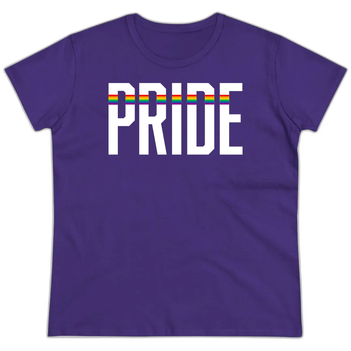 The word PRIDE in large 3D gray block letters with horizontal rainbow pride flag stripes running through the center of each letter against a white background. in Purple