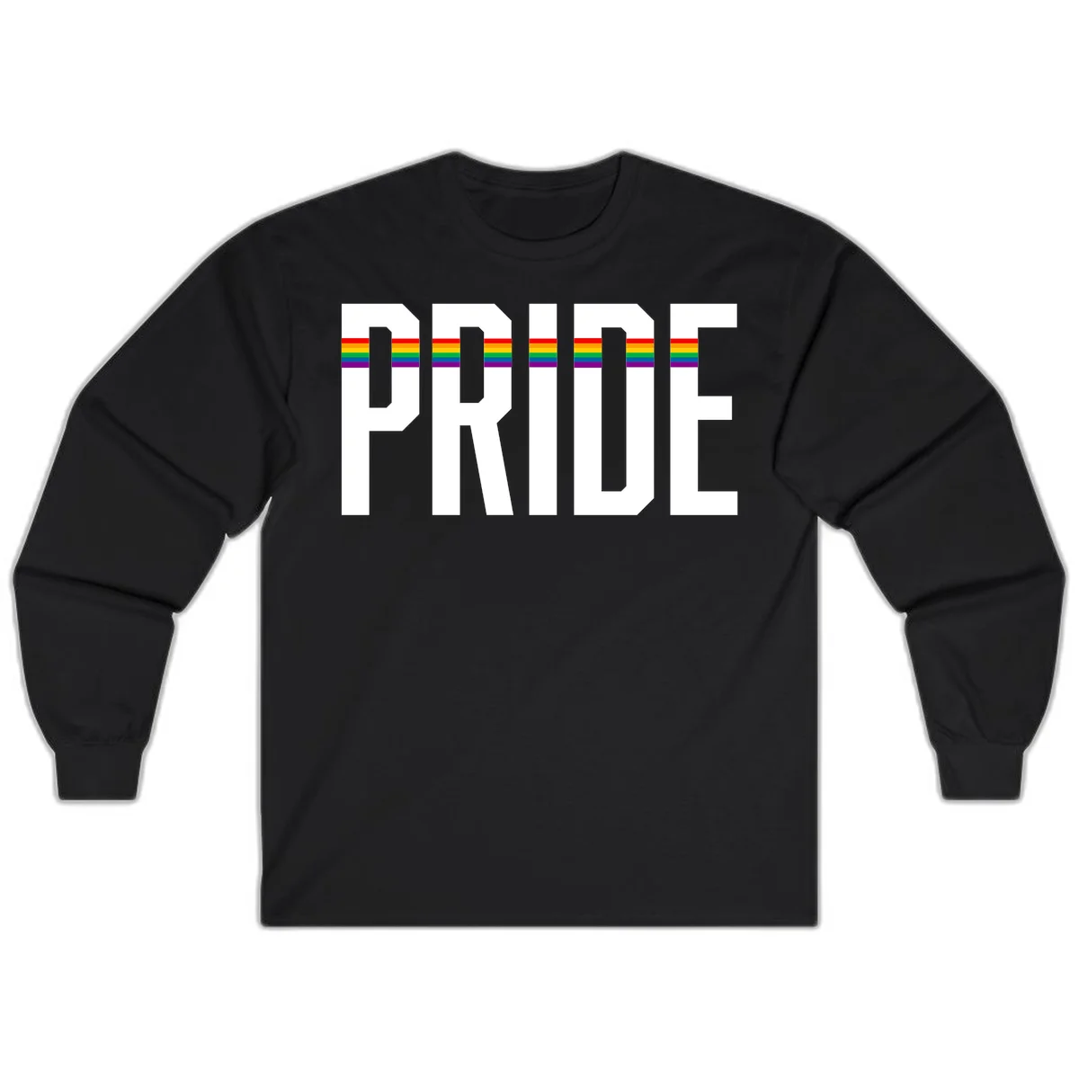 The word PRIDE in large 3D gray block letters with horizontal rainbow pride flag stripes running through the center of each letter against a white background. in Black