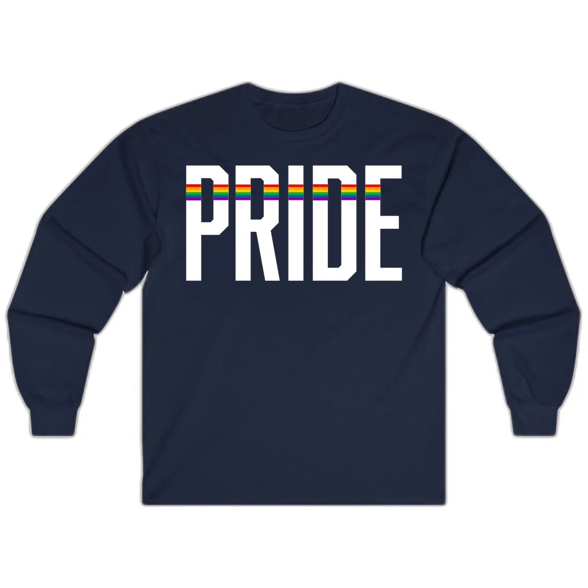 The word PRIDE in large 3D gray block letters with horizontal rainbow pride flag stripes running through the center of each letter against a white background. in Navy