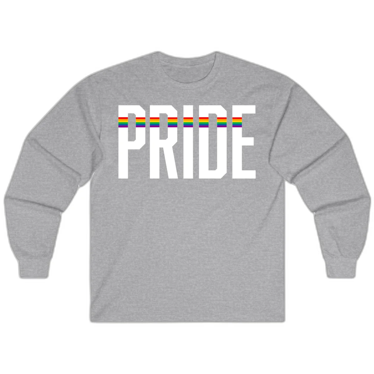 The word PRIDE in large 3D gray block letters with horizontal rainbow pride flag stripes running through the center of each letter against a white background. in Sport Grey