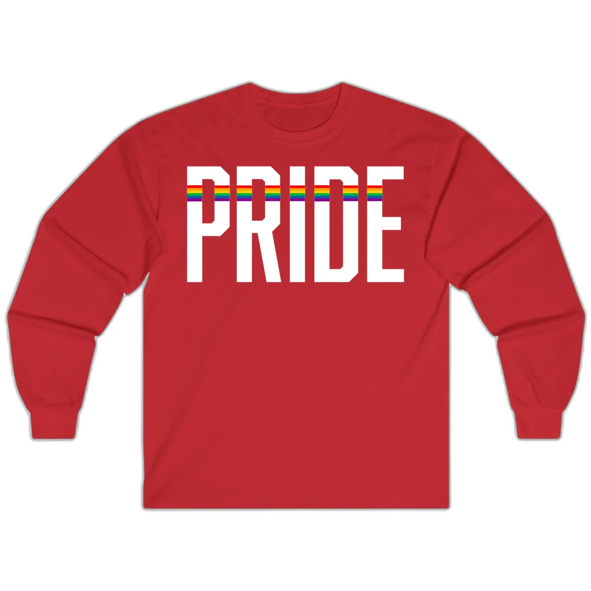 The word PRIDE in large 3D gray block letters with horizontal rainbow pride flag stripes running through the center of each letter against a white background. in Red