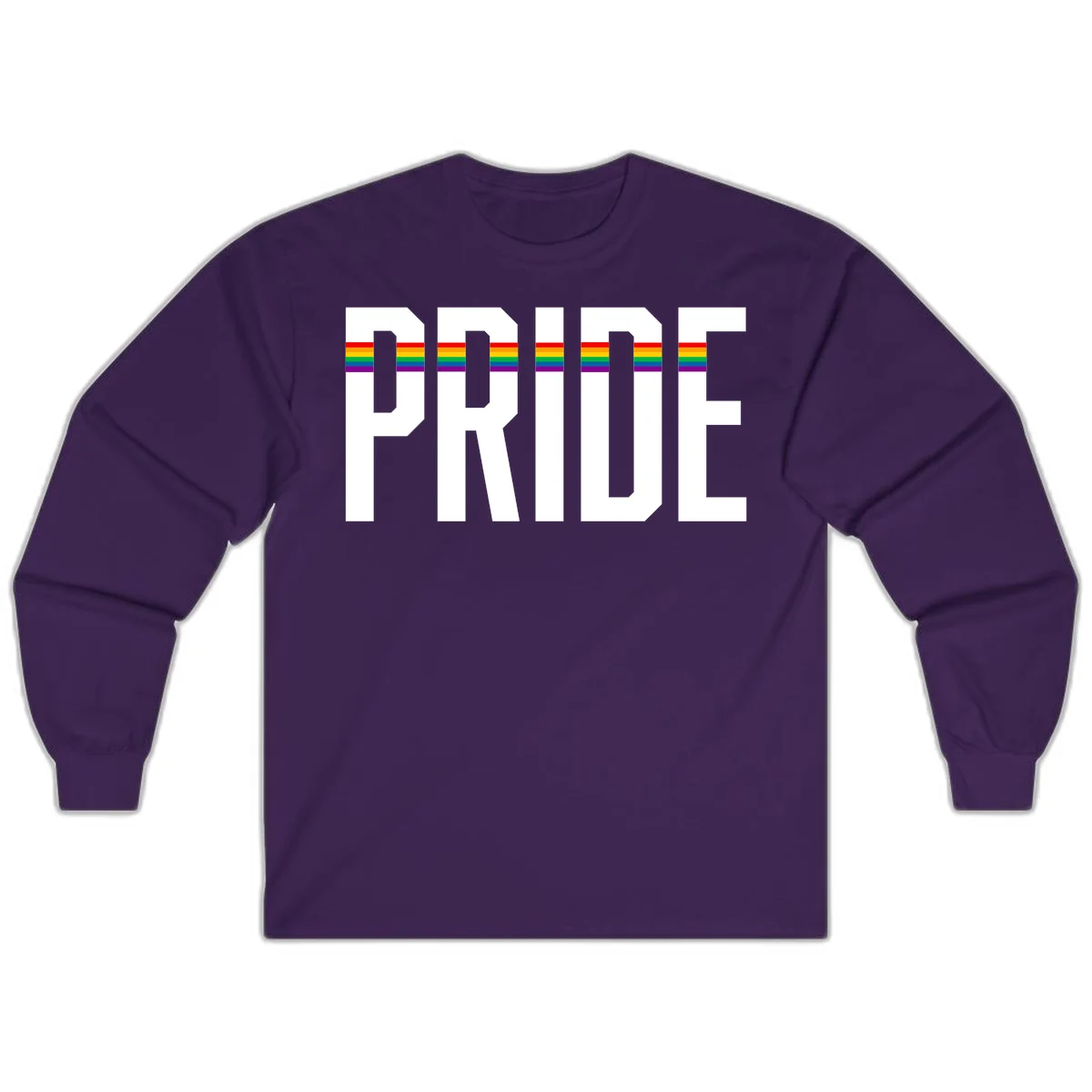 The word PRIDE in large 3D gray block letters with horizontal rainbow pride flag stripes running through the center of each letter against a white background. in Purple