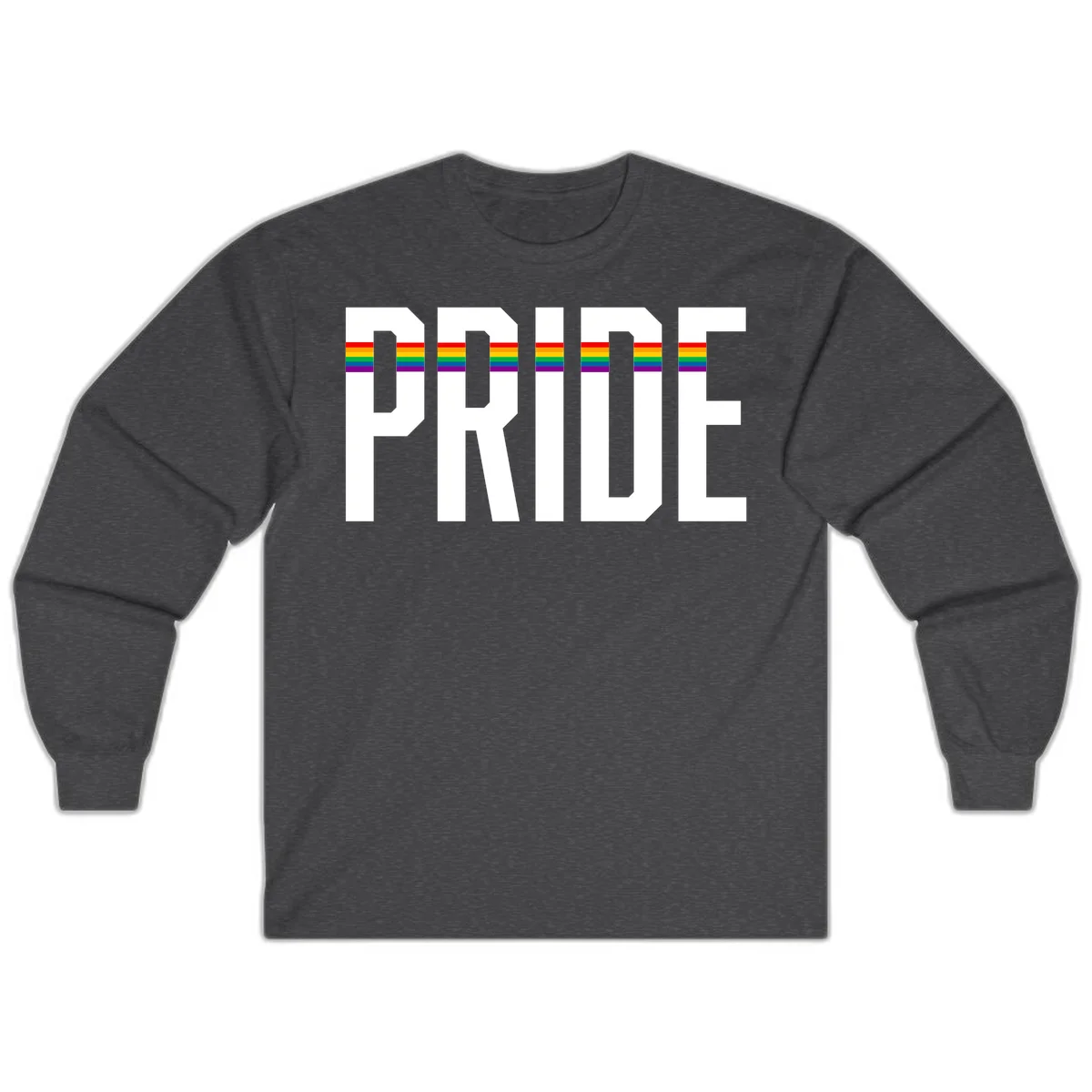 The word PRIDE in large 3D gray block letters with horizontal rainbow pride flag stripes running through the center of each letter against a white background. in Dark Heather