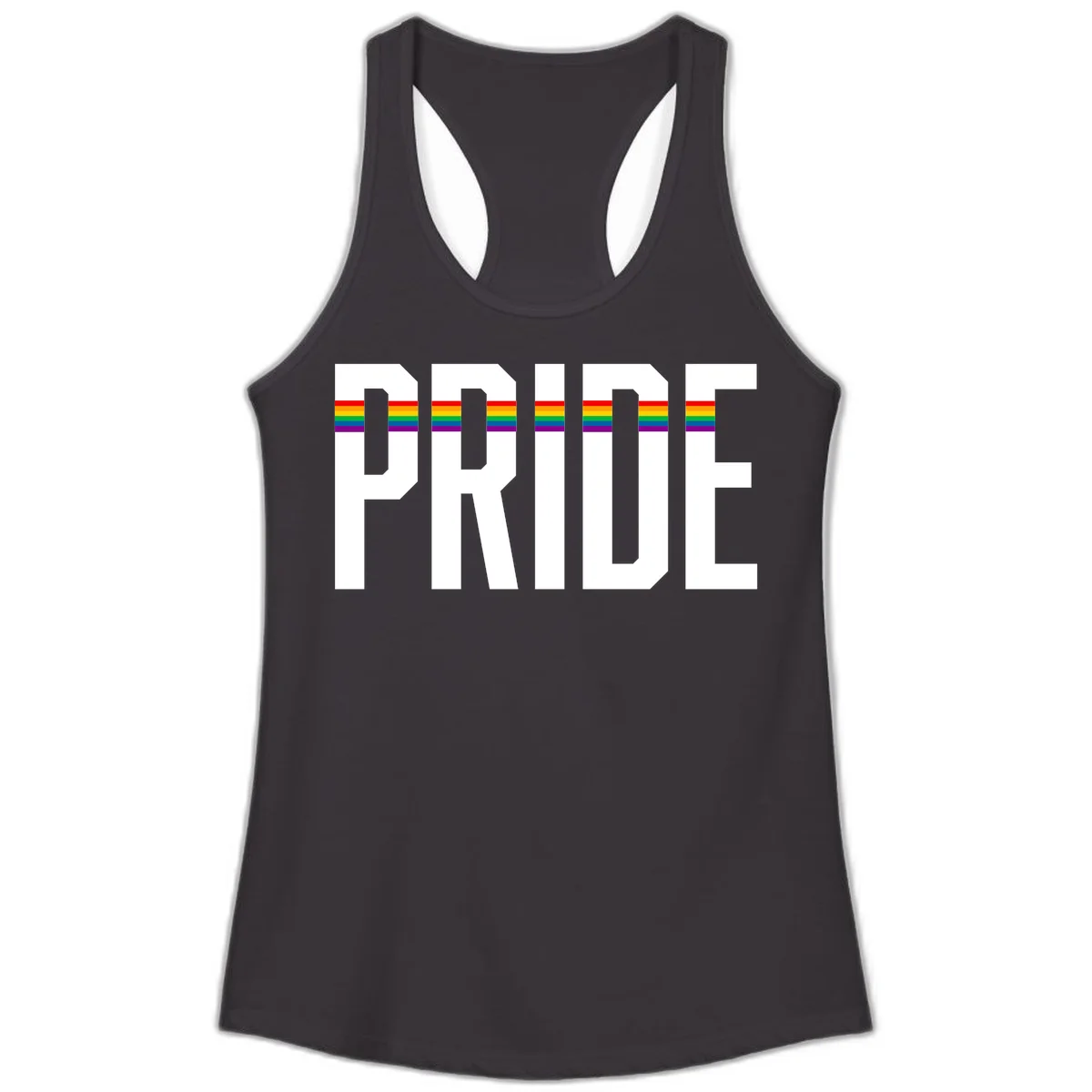 The word PRIDE in large 3D gray block letters with horizontal rainbow pride flag stripes running through the center of each letter against a white background. in Black