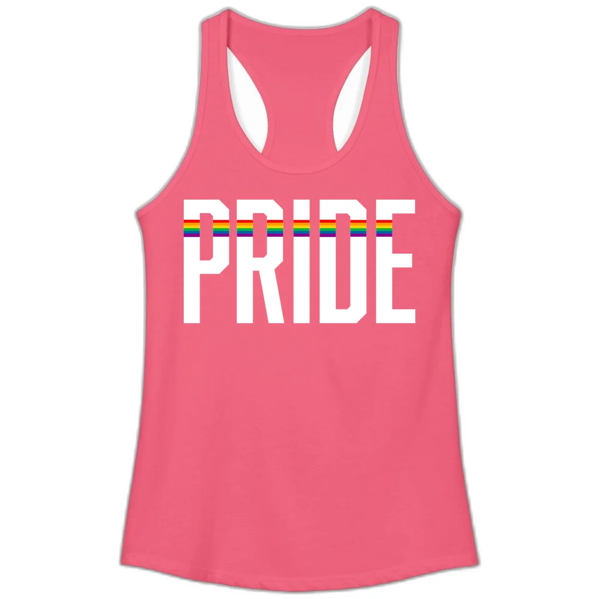 The word PRIDE in large 3D gray block letters with horizontal rainbow pride flag stripes running through the center of each letter against a white background. in Hot Pink
