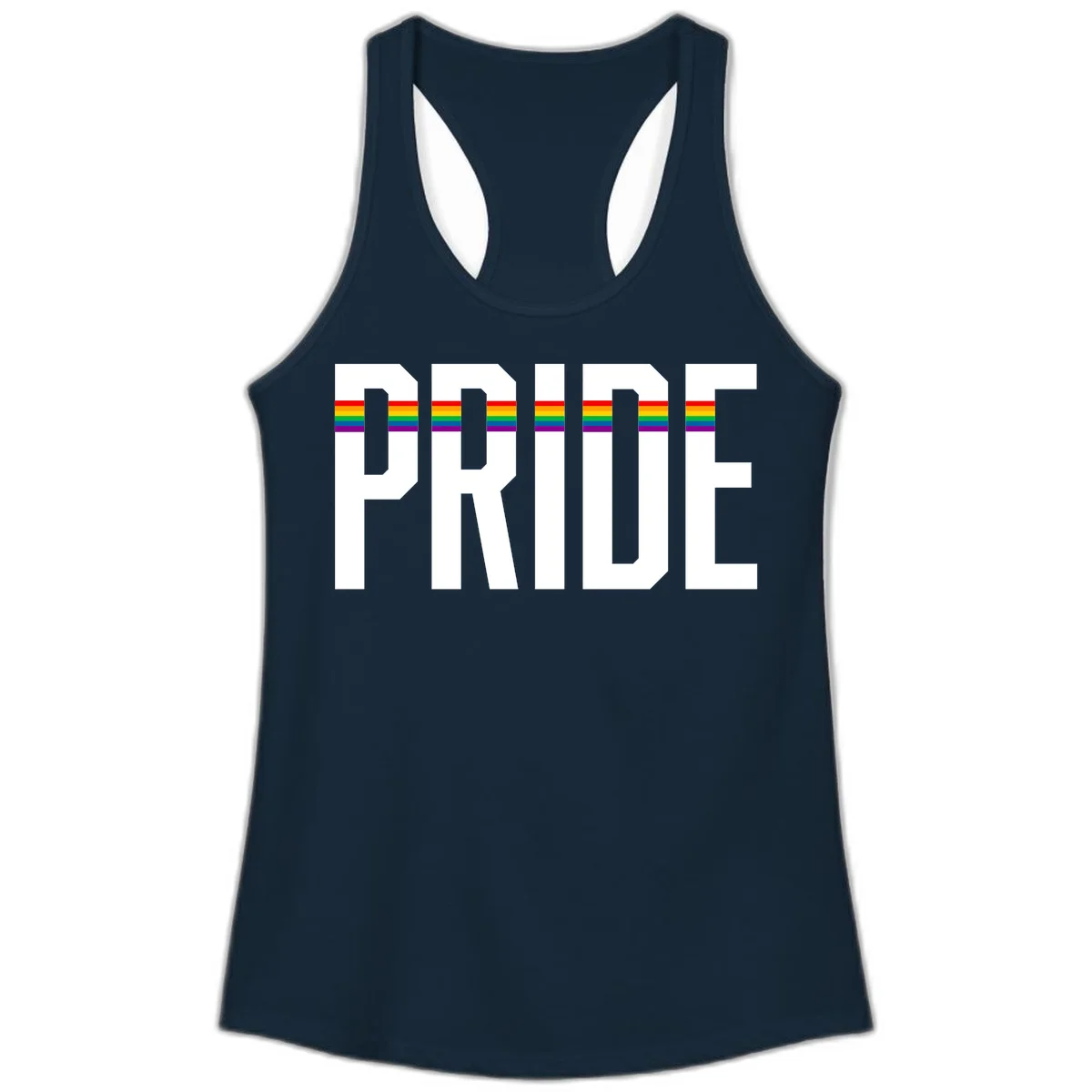 The word PRIDE in large 3D gray block letters with horizontal rainbow pride flag stripes running through the center of each letter against a white background. in Solid Midnight Navy