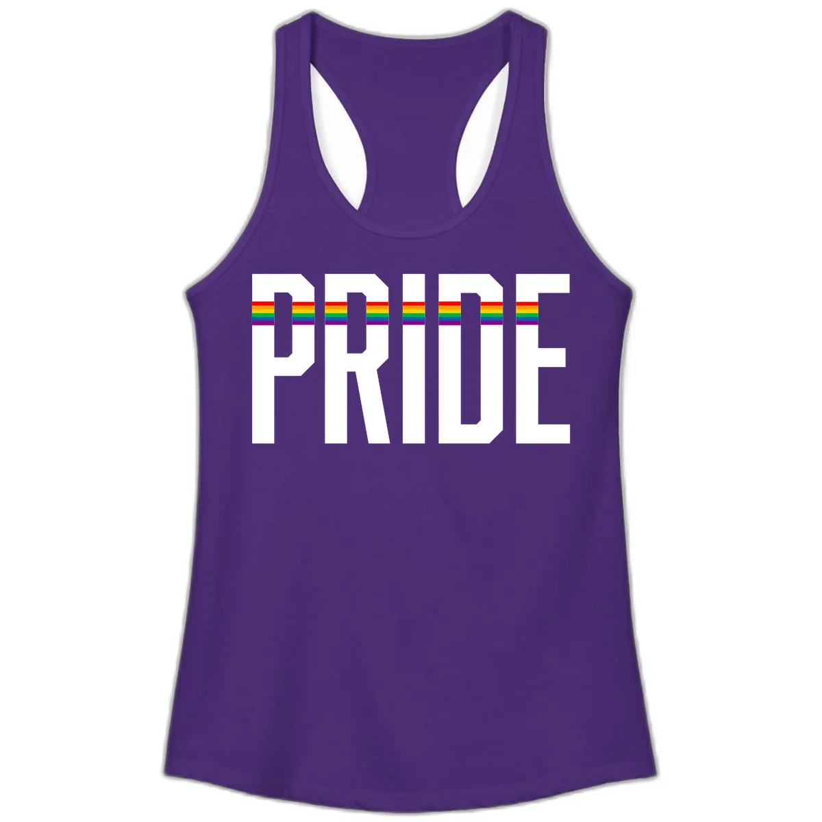 The word PRIDE in large 3D gray block letters with horizontal rainbow pride flag stripes running through the center of each letter against a white background. in Solid Purple Rush