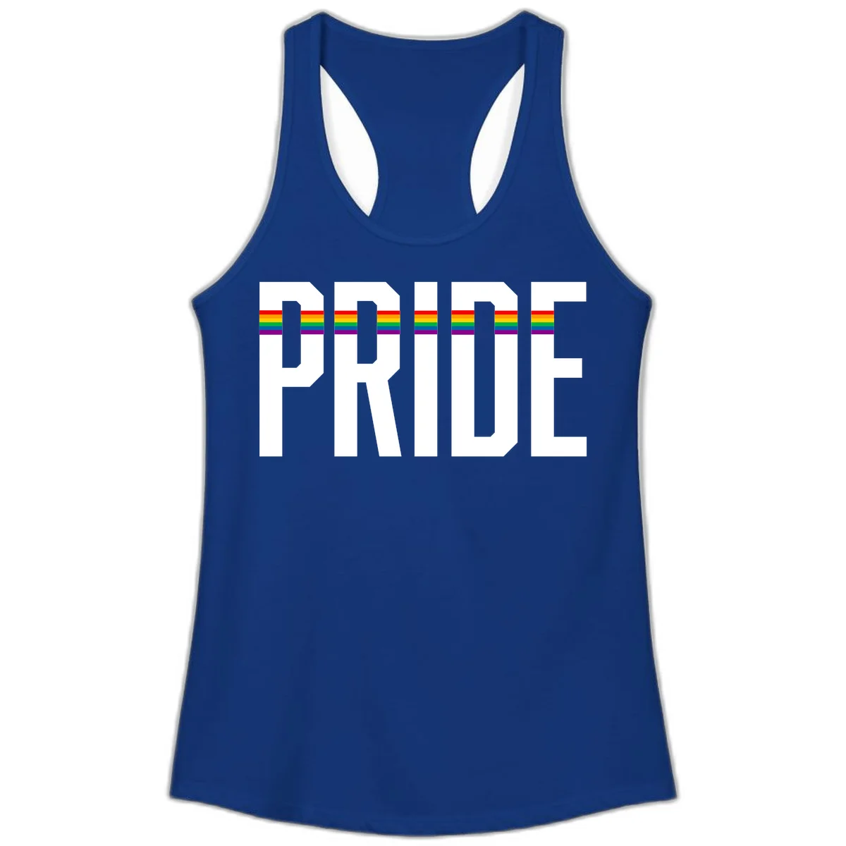 The word PRIDE in large 3D gray block letters with horizontal rainbow pride flag stripes running through the center of each letter against a white background. in Solid Royal