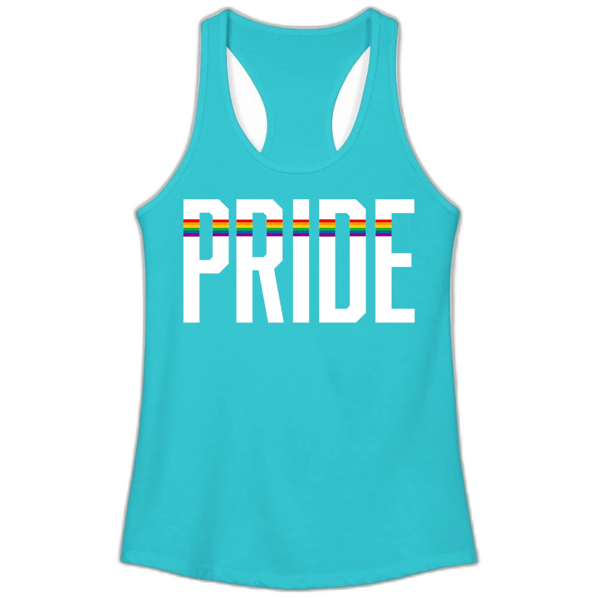 The word PRIDE in large 3D gray block letters with horizontal rainbow pride flag stripes running through the center of each letter against a white background. in Solid Tahiti Blue