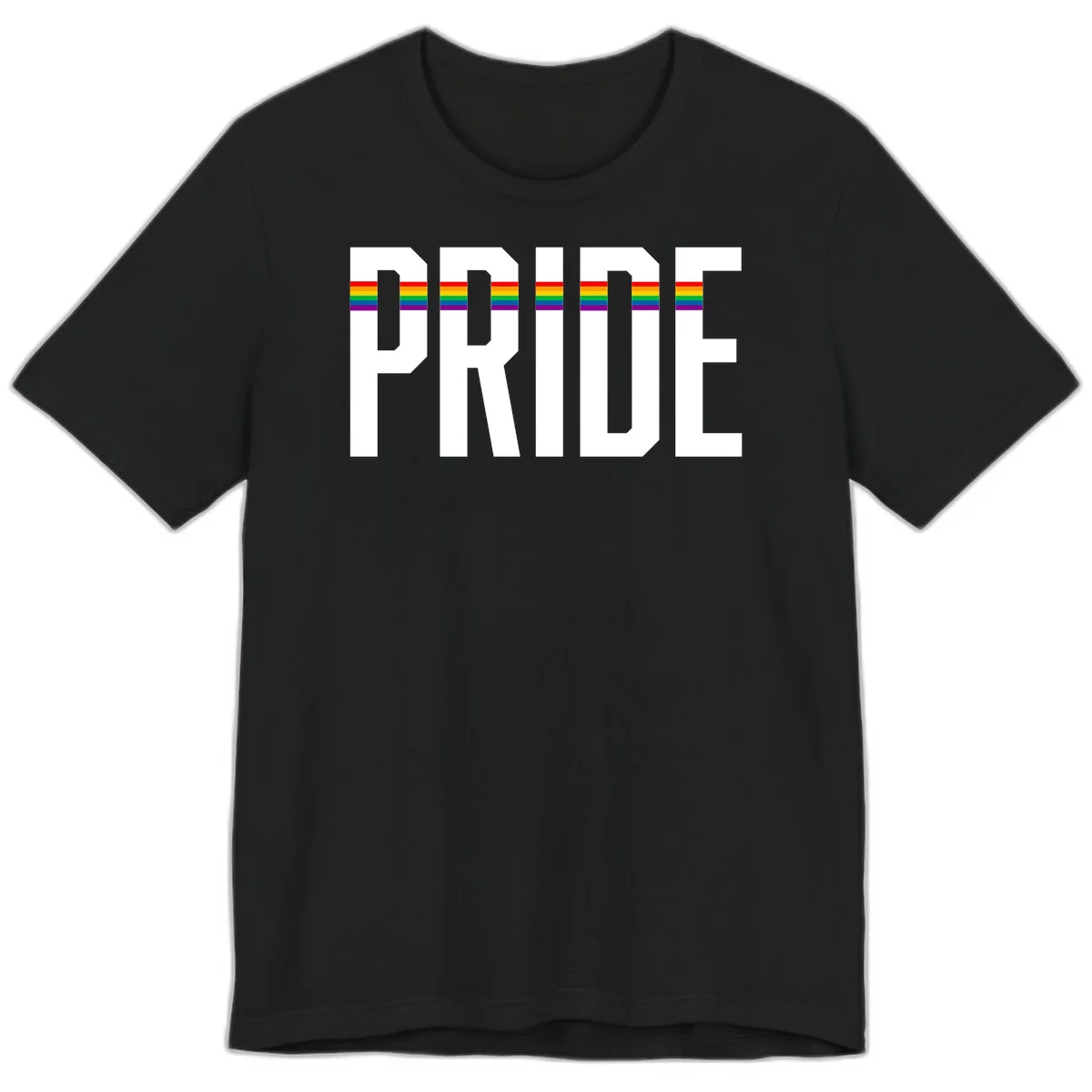 The word PRIDE in large 3D gray block letters with horizontal rainbow pride flag stripes running through the center of each letter against a white background. in Black