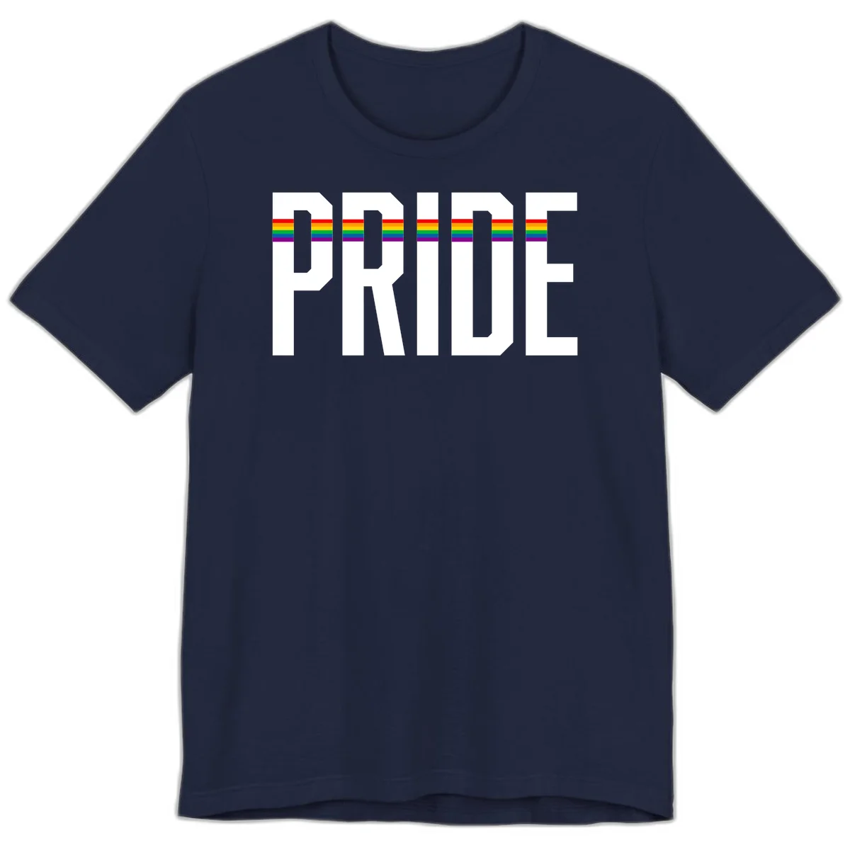 The word PRIDE in large 3D gray block letters with horizontal rainbow pride flag stripes running through the center of each letter against a white background. in Navy