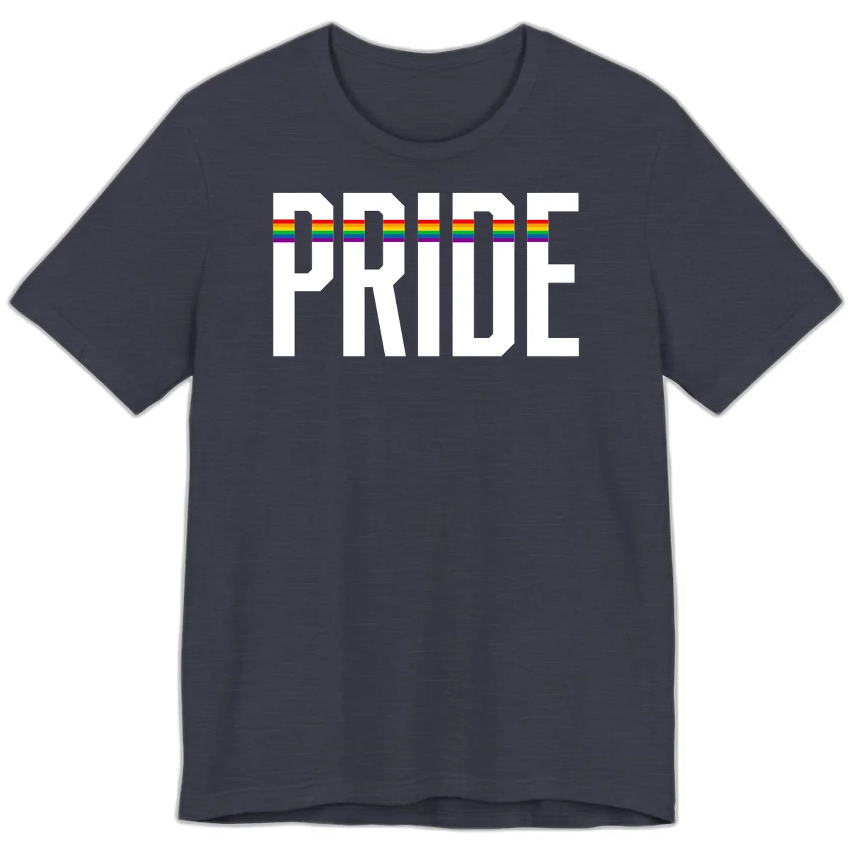 The word PRIDE in large 3D gray block letters with horizontal rainbow pride flag stripes running through the center of each letter against a white background. in Heather Midnight Navy