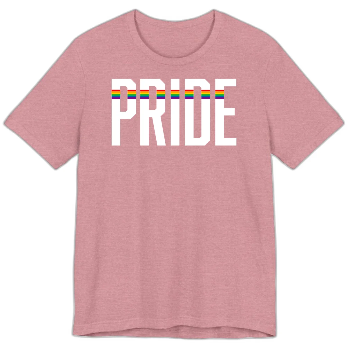 The word PRIDE in large 3D gray block letters with horizontal rainbow pride flag stripes running through the center of each letter against a white background. in Heather Orchid