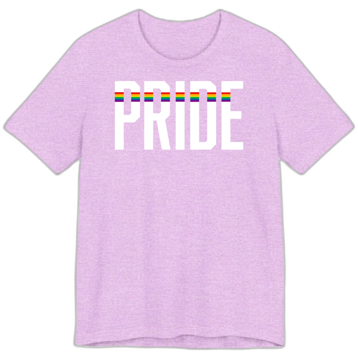 The word PRIDE in large 3D gray block letters with horizontal rainbow pride flag stripes running through the center of each letter against a white background. in Heather Prism Lilac