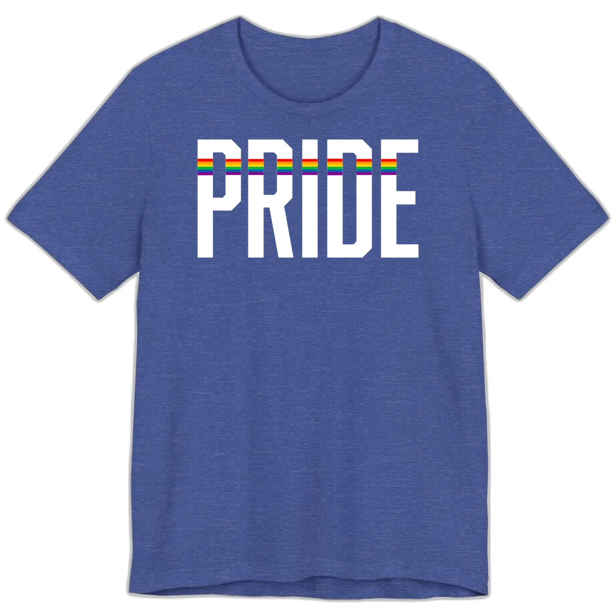 The word PRIDE in large 3D gray block letters with horizontal rainbow pride flag stripes running through the center of each letter against a white background. in Heather True Royal