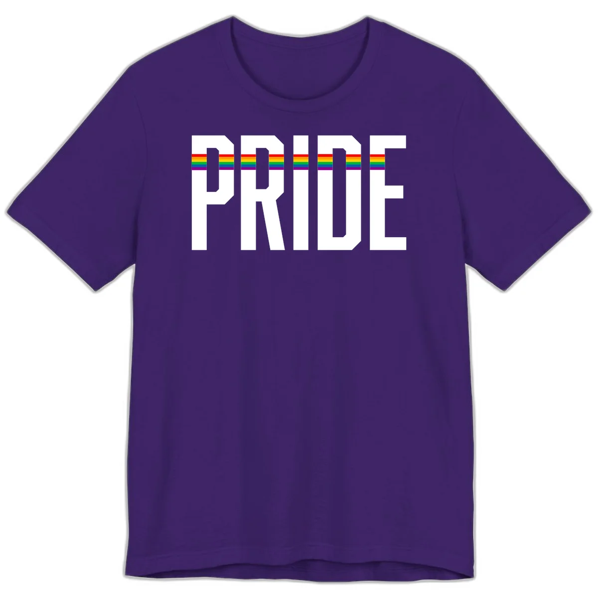 The word PRIDE in large 3D gray block letters with horizontal rainbow pride flag stripes running through the center of each letter against a white background. in Team Purple