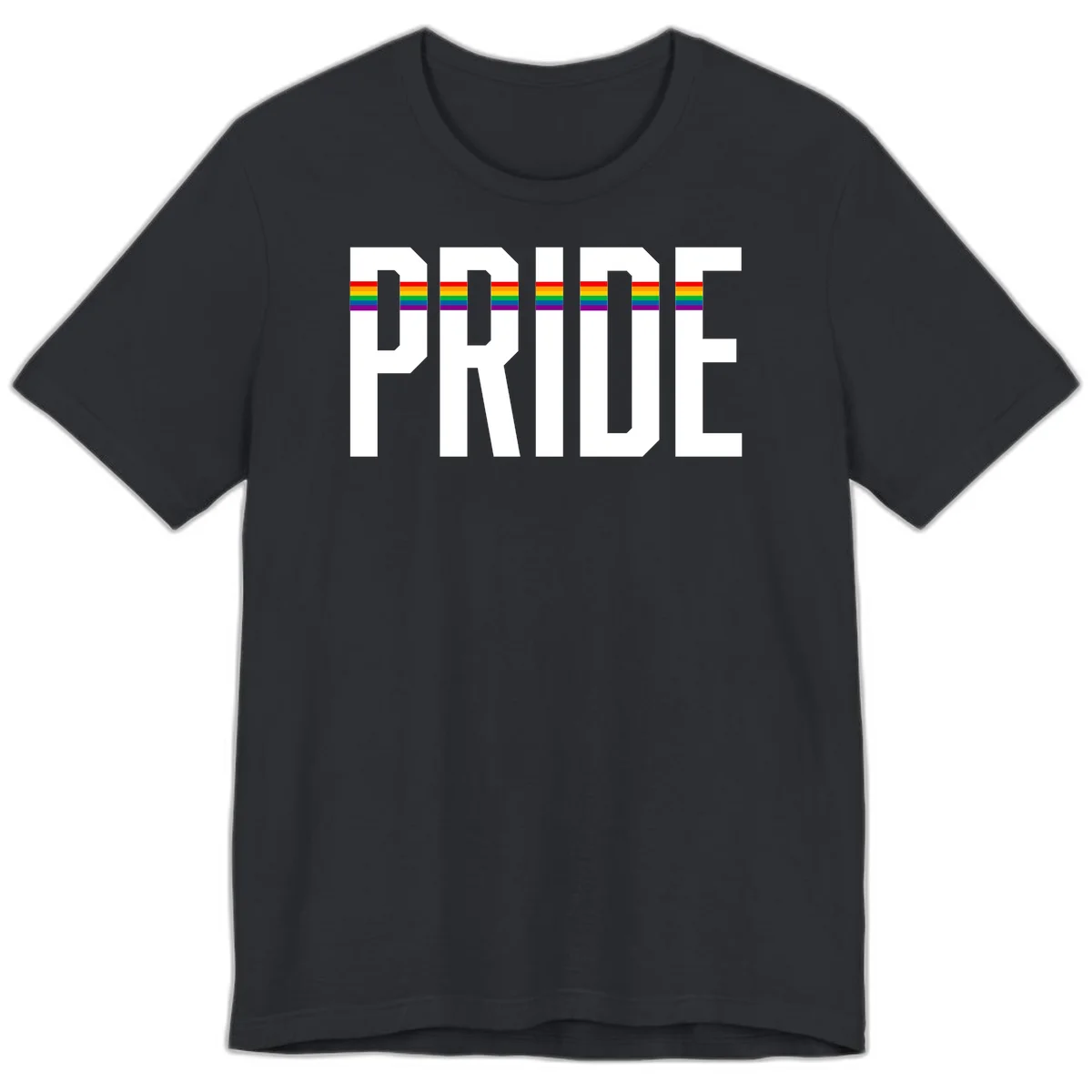 The word PRIDE in large 3D gray block letters with horizontal rainbow pride flag stripes running through the center of each letter against a white background. in Vintage Black