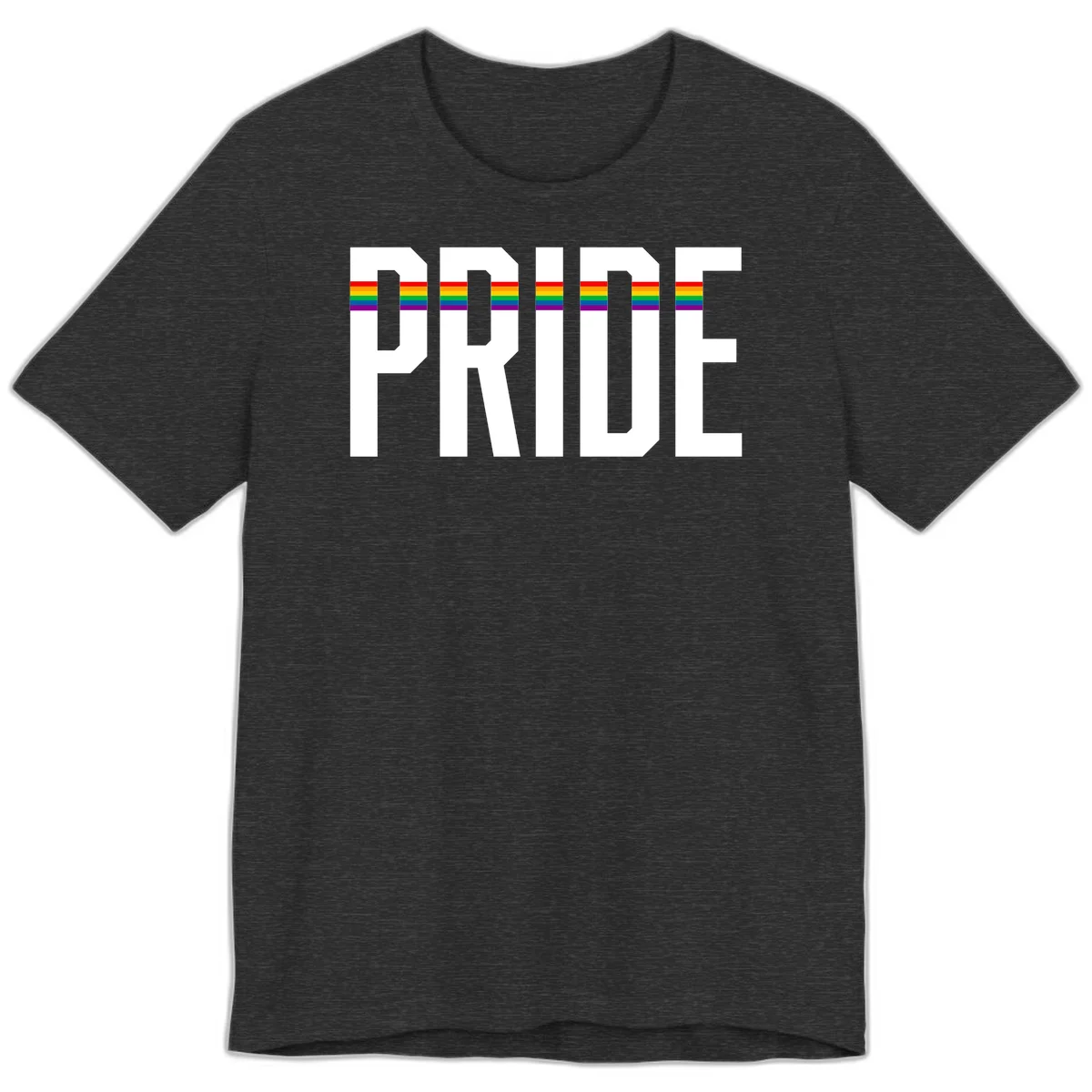 The word PRIDE in large 3D gray block letters with horizontal rainbow pride flag stripes running through the center of each letter against a white background. in Dark Grey Heather
