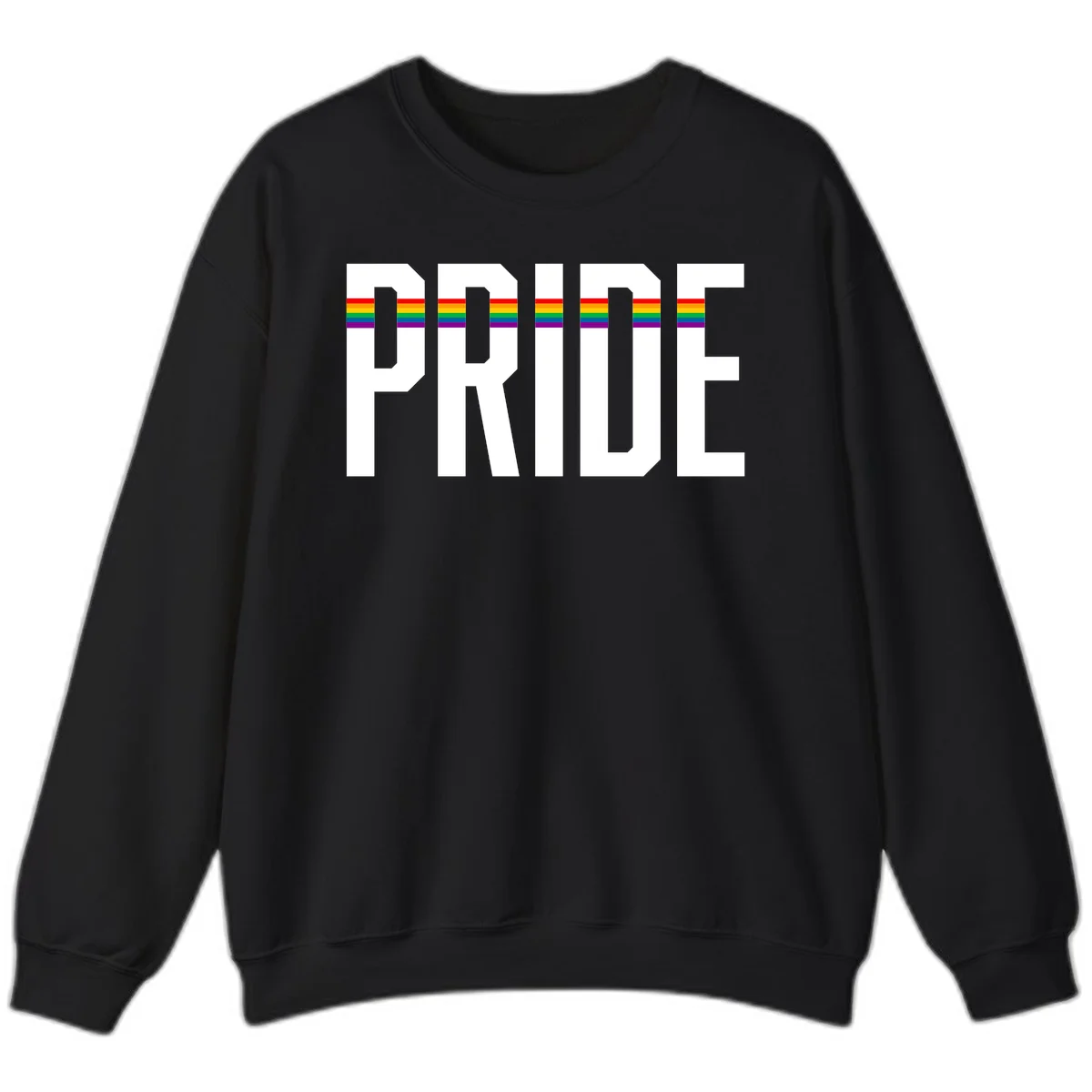 The word PRIDE in large 3D gray block letters with horizontal rainbow pride flag stripes running through the center of each letter against a white background. in Black