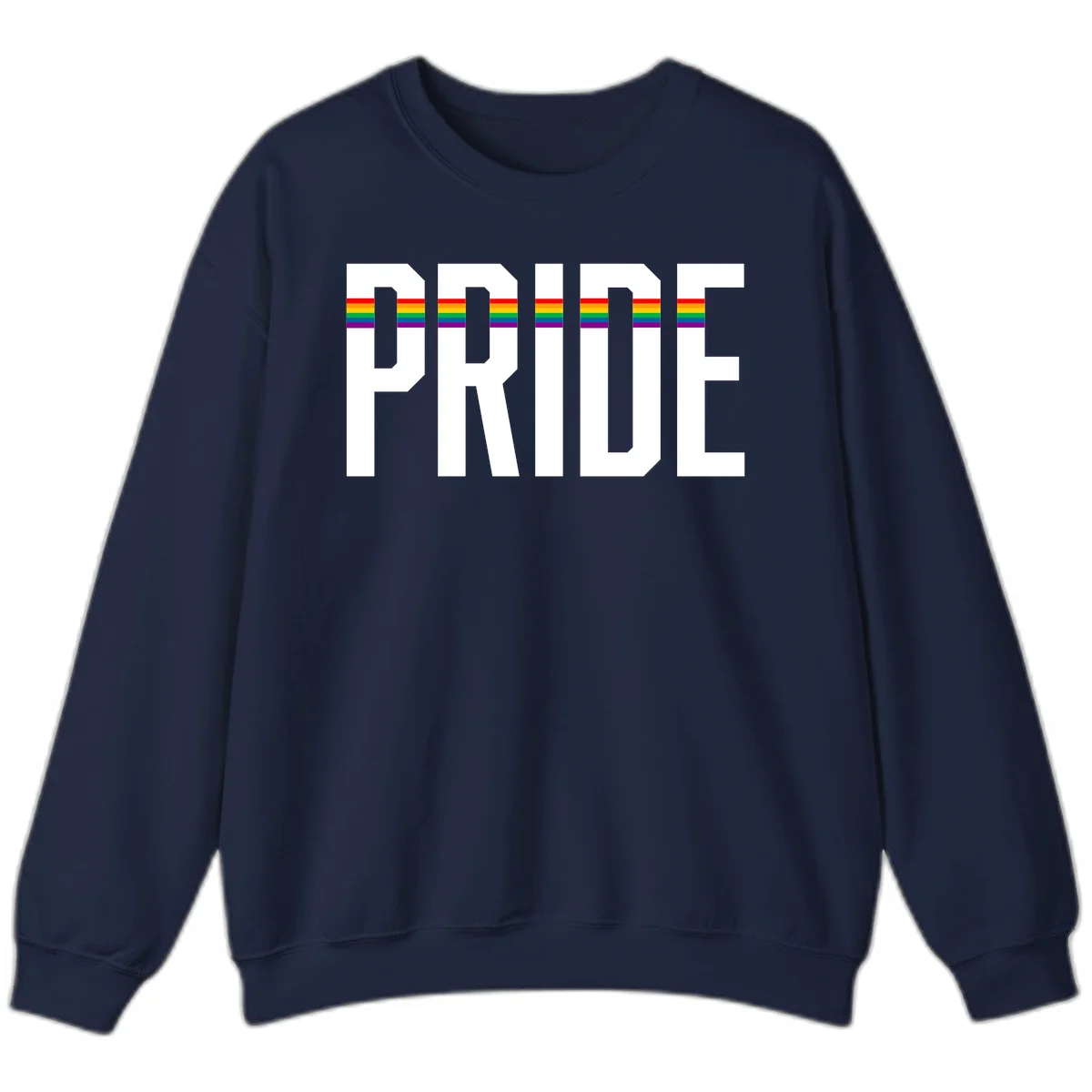 The word PRIDE in large 3D gray block letters with horizontal rainbow pride flag stripes running through the center of each letter against a white background. in Navy