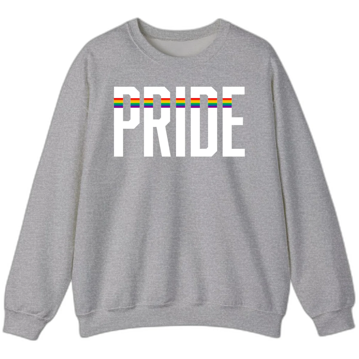 The word PRIDE in large 3D gray block letters with horizontal rainbow pride flag stripes running through the center of each letter against a white background. in Sport Grey