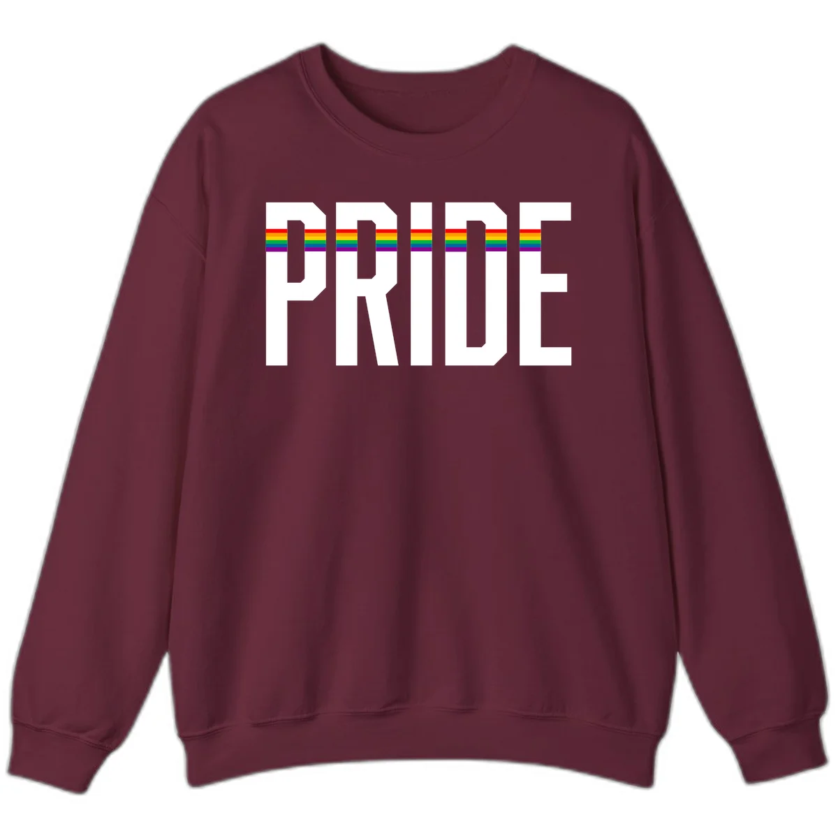 The word PRIDE in large 3D gray block letters with horizontal rainbow pride flag stripes running through the center of each letter against a white background. in Maroon