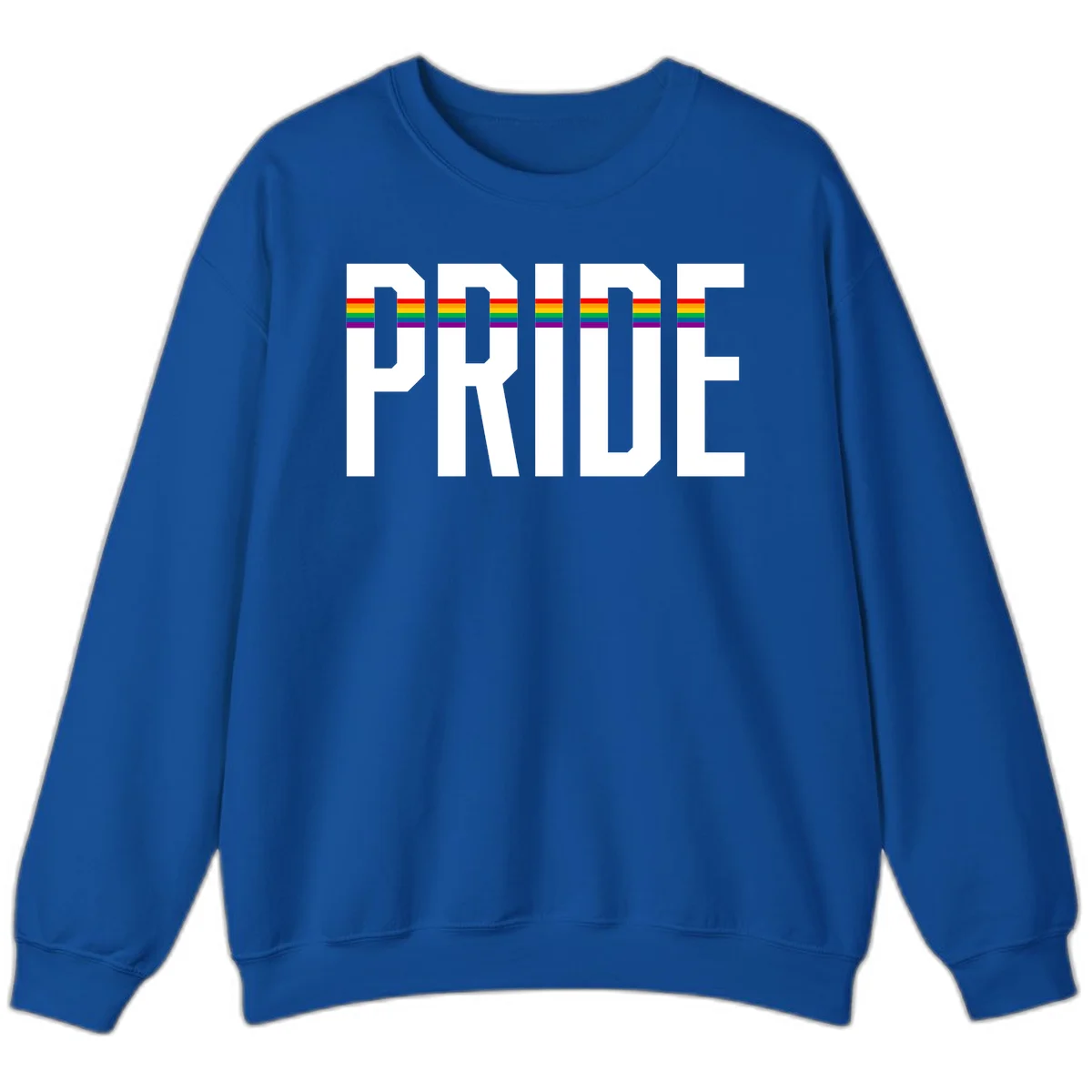 The word PRIDE in large 3D gray block letters with horizontal rainbow pride flag stripes running through the center of each letter against a white background. in Royal