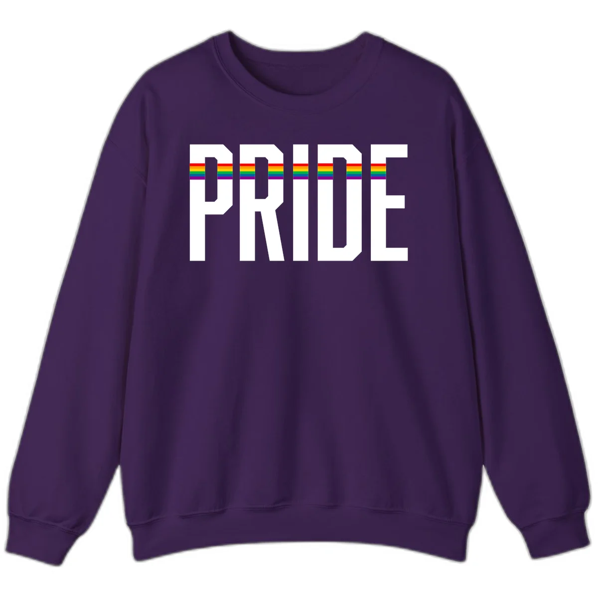 The word PRIDE in large 3D gray block letters with horizontal rainbow pride flag stripes running through the center of each letter against a white background. in Purple