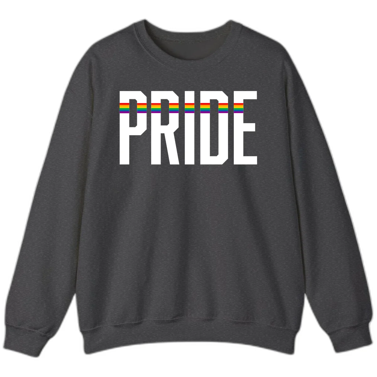 The word PRIDE in large 3D gray block letters with horizontal rainbow pride flag stripes running through the center of each letter against a white background. in Dark Heather