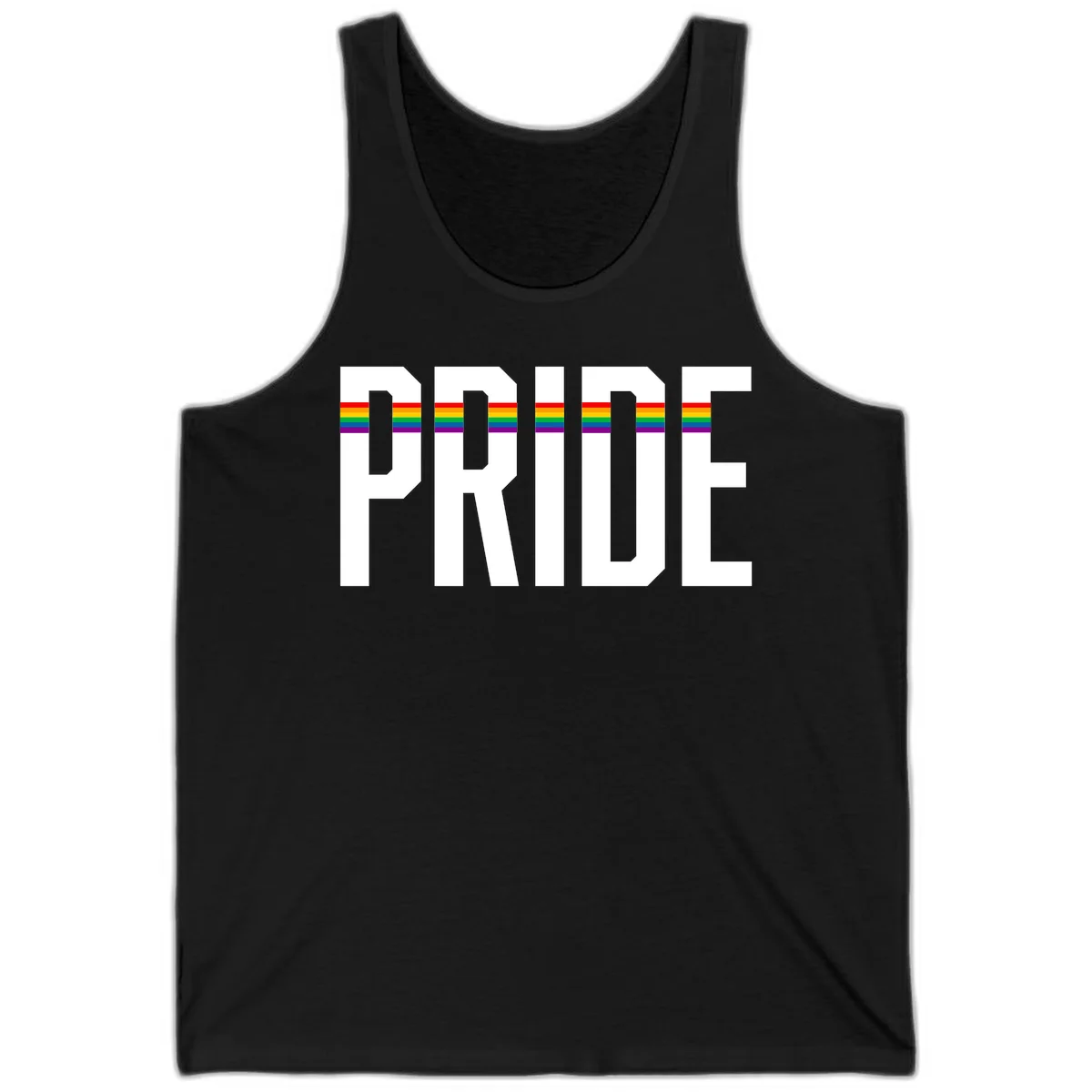 The word PRIDE in large 3D gray block letters with horizontal rainbow pride flag stripes running through the center of each letter against a white background. in Black